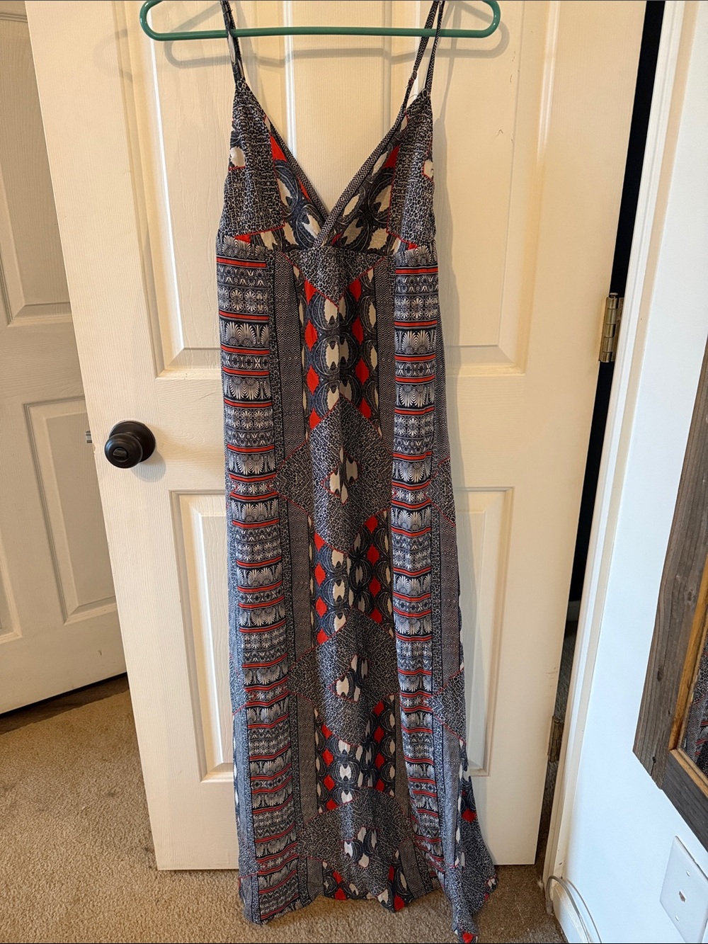 Gypsy Boho silk  Maxi Dress with Red and Navy Geometric Print